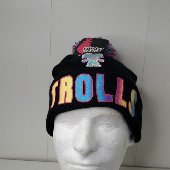 Troll Beanie Knit Hat Skullcap w/ Pom Pom Black Multi-Color NEW Trolls Winter - Picture 3 of 10